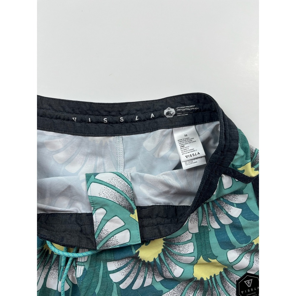Vissla Mens 32 Board Shorts Upcycled Coconut Stretch Tropical Leaf Print Teal - Picture 6 of 11